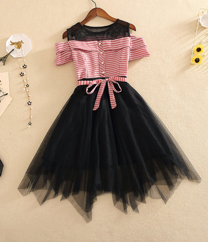 Fashion girl dress A line plaid tulle dress  1235