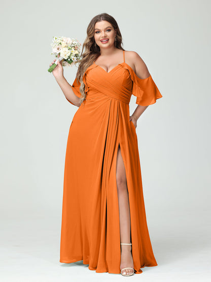 A-Line/Princess/Princess Spaghetti Straps Short Sleeves Chiffon Plus Size Bridesmaid Dresses with Pockets,Ruched Split Side