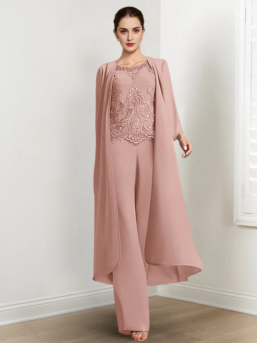 Chiffon Round Neck Floor-Length Mother Of The Bride Pantsuits With Jacket & Applique