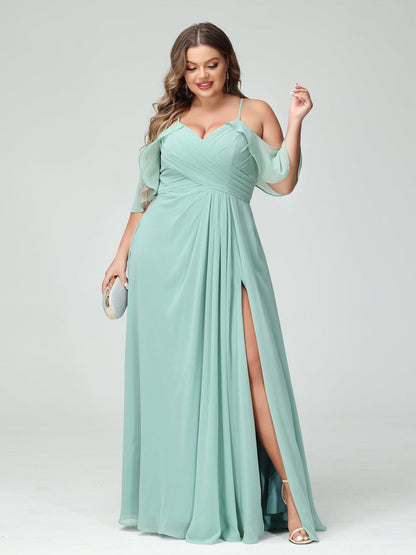 A-Line/Princess/Princess Spaghetti Straps Short Sleeves Chiffon Plus Size Bridesmaid Dresses with Pockets,Ruched Split Side