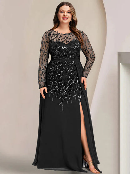 A-Line/Princess Scoop Long Sleeves Floor-Length Plus Size Mother of the Bride Dresses with Split Side, Ruffles & Sequins