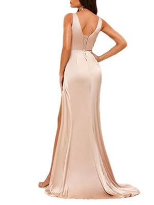 A Line/Princess V Neck Sleeveless Floor-Length Bridesmaid Dresses with Split