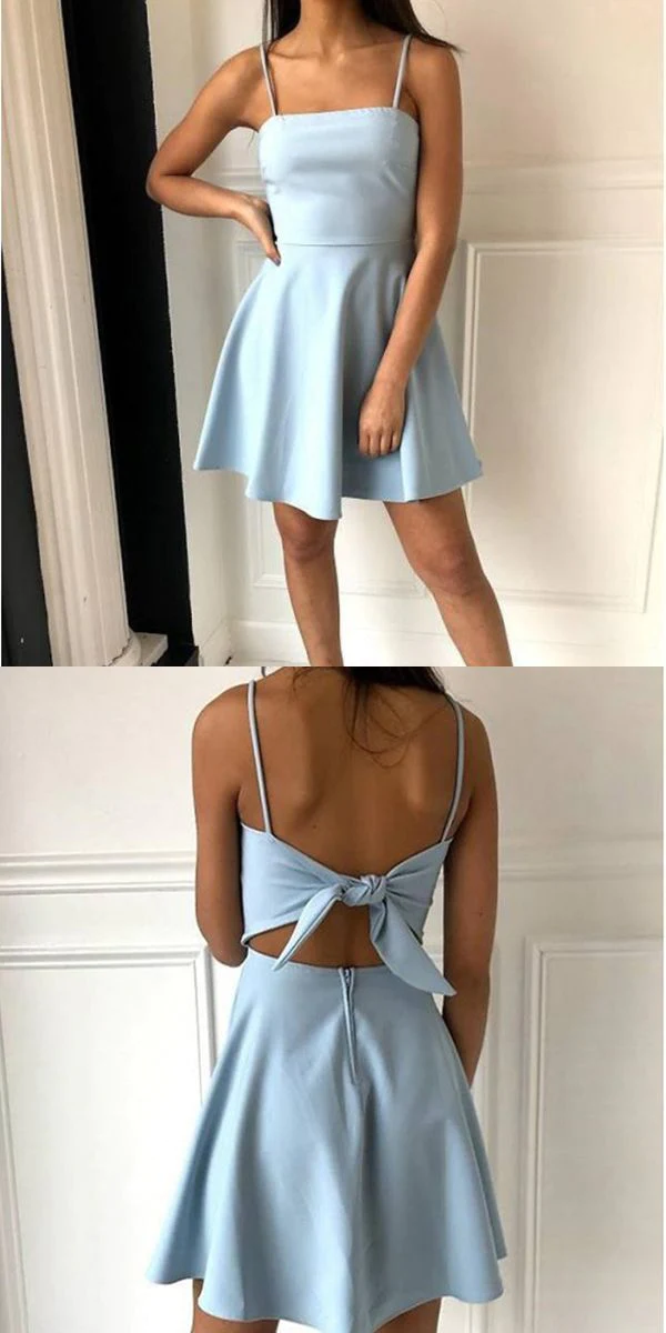 simple short blue sleeveless satin a-line mini evening dress spaghetti-straps bowknot with homecoming dress  gh808