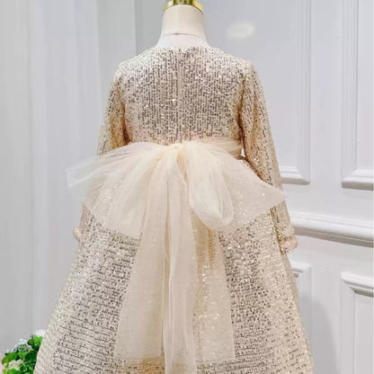 Round Neck Long Sleeves Floor Length Sequins Flower Girl Party Dress with Sash