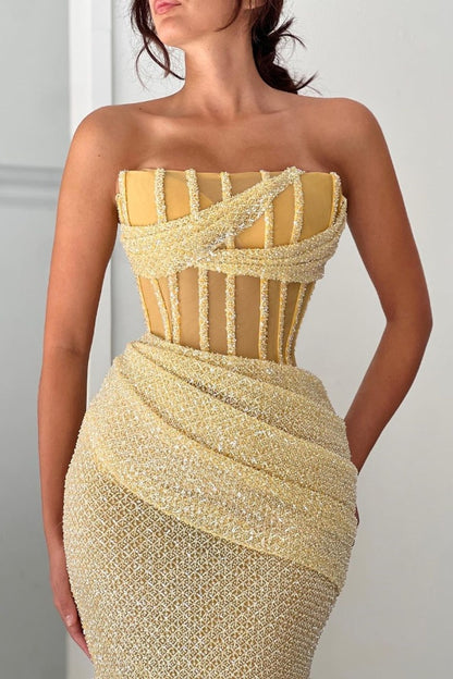 Elegant Light Yellow Strapless Sequins Mermaid Prom Dress With Transparent Corset ZT0178