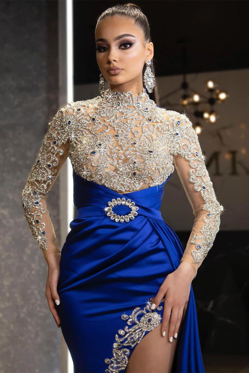 edgynewlook Royal Blue Long Sleeves Split Beadings Mermaid Prom Dress With Ruffles