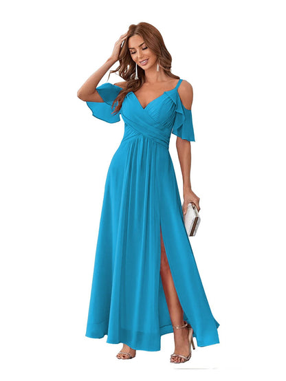 A-Line/Princess  V Neck Short Sleeve Spaghetti Straps Ankle  Length Bridesmaid Dresses  Chiffon with Ruffles Bow(s)