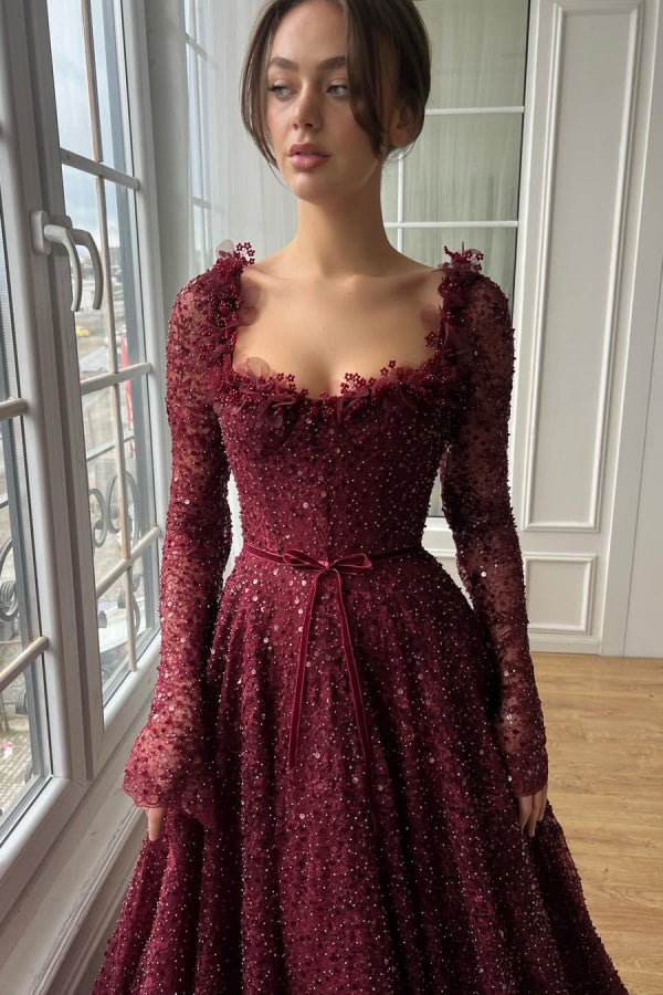 edgynewlook Burgundy Strapless Long Sleeves Lace Prom Dress with Sequins