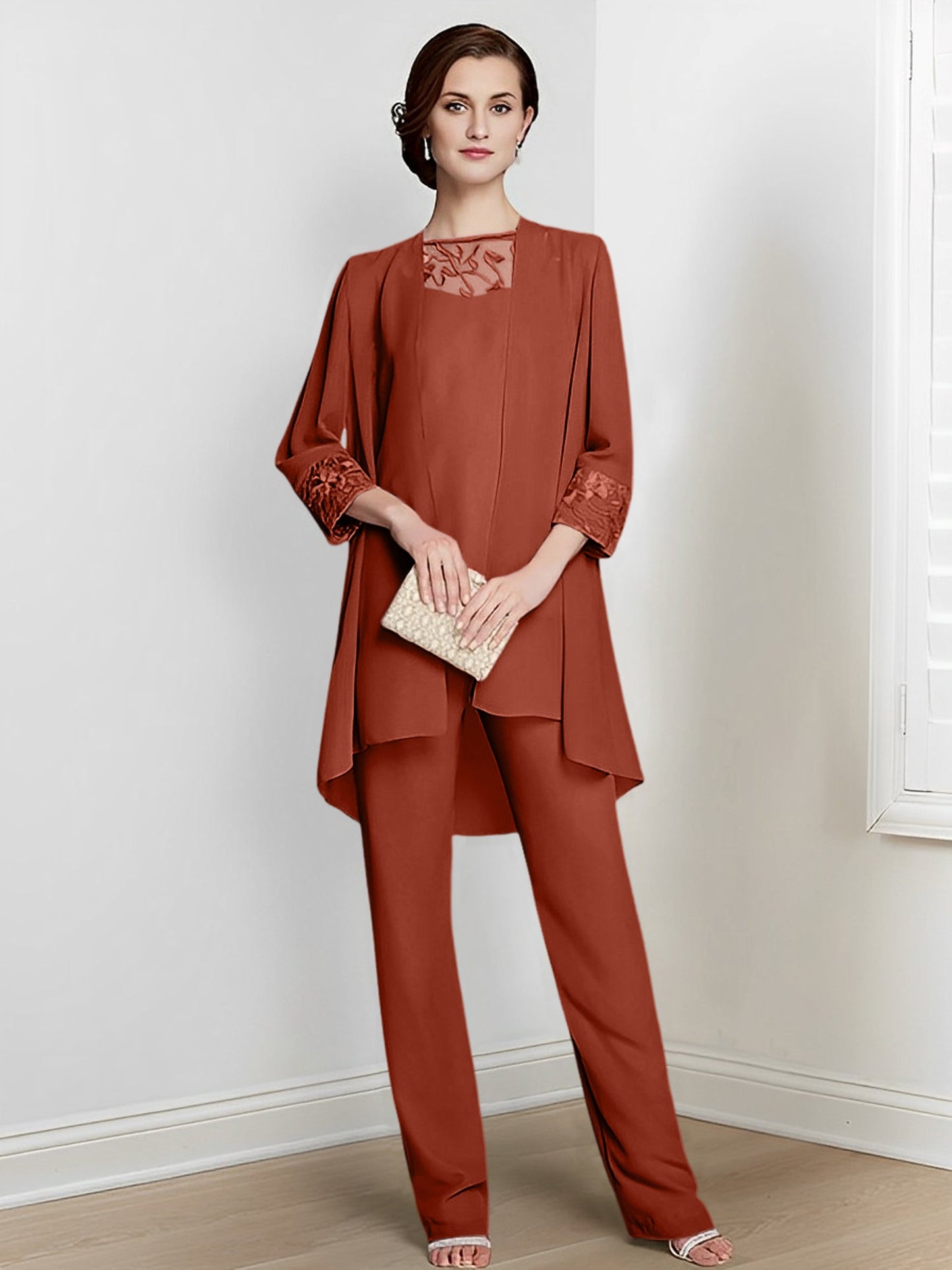 Chiffon Square Neck Long Sleeves Floor-Length Mother Of The Bride Pantsuits With Jacket