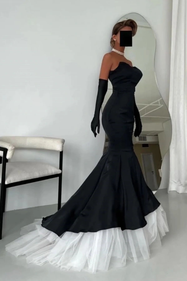 Black Mermaid Strapless White Tulle Prom Dress With Long Gloves ZT0476