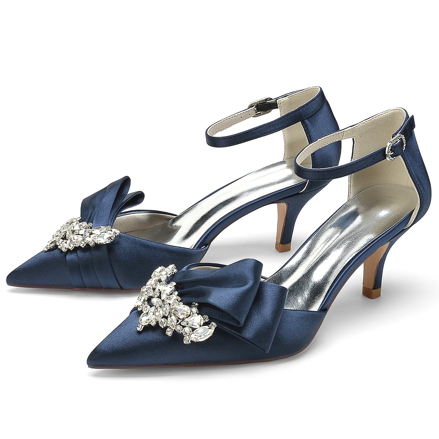 Women's Wedding Shoes Silk Satin Rhinestone Bow Mid Pointed Toe Buckle Bridal Shoes