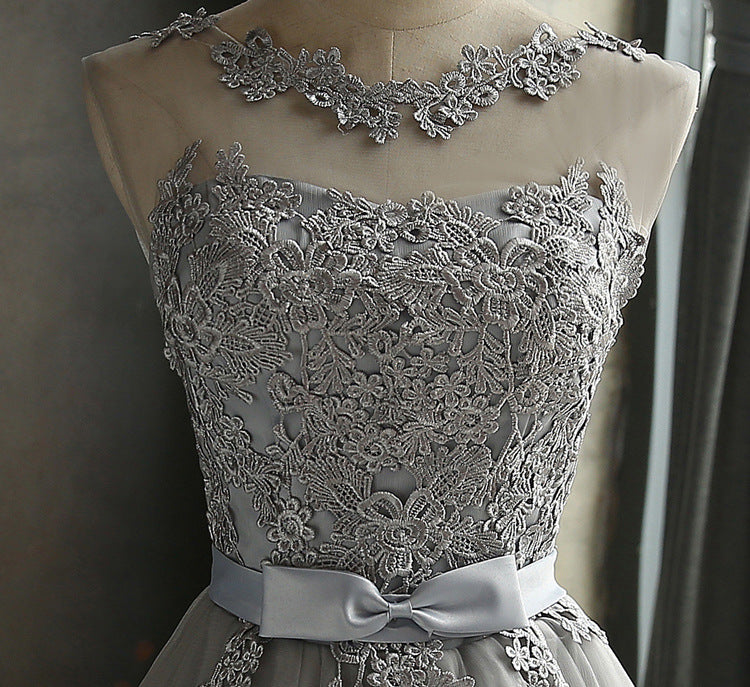 Gray lace short A line prom dress homecoming dress  8411