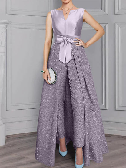 2 Pieces Scoop Long Sleeves Mother of the Bride Pantsuits with Sash & Sequins