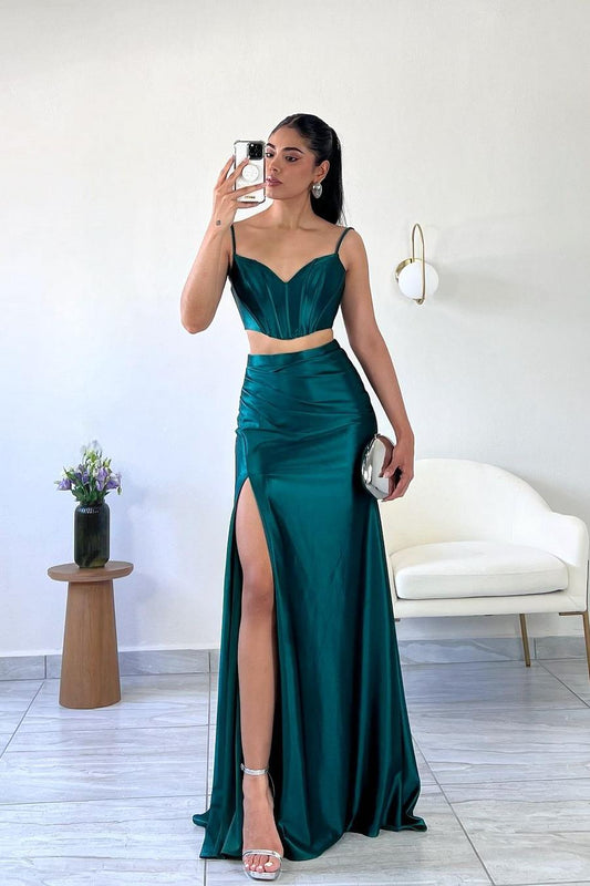 edgynewlook Simple Dark Green Satin Spaghetti Strap Sleeveless Long Prom Dress with Split