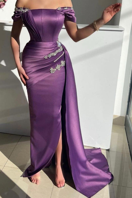 edgynewlook Amazing Purple Satin Off the Shoulder Strapless Long Split Prom Dress with Rhinestone