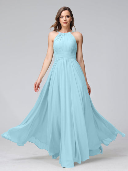 A-Line/Princess Halter Sleeveless Floor-Length Bridemaid Dresses with Ruffles