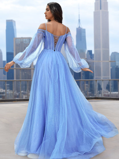 A-Line/Princess Strapless Long Sleeves Long Tulle Prom Dresses with High Split