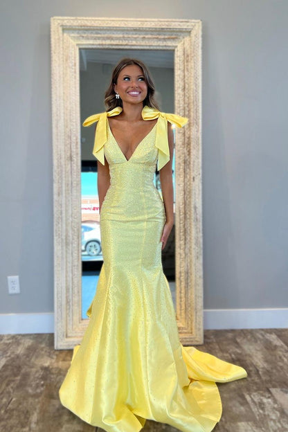 edgynewlook Chic Yellow Satin Spaghtti Strap Sleeveless Mermaid Bow Prom Dress with Beadings