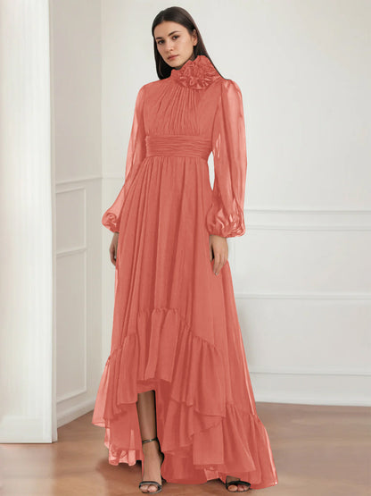 A-Line/Princess Jewel Neck Long Sleeves Asymmetrical Mother of the Bride Dresses with Flower & Ruffles