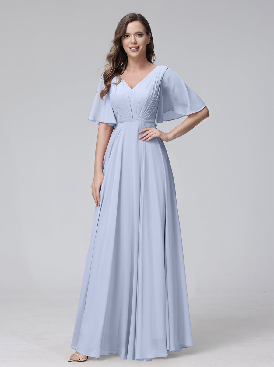 A-Line/Princess V-Neck Half Sleeves Floor-Length Bridemaid Dresses With Ruffles & Pockets