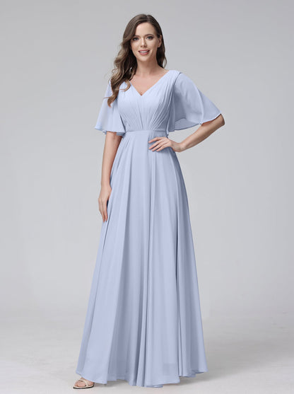 A-Line/Princess V-Neck Half Sleeves Floor-Length Bridemaid Dresses With Ruffles & Pockets