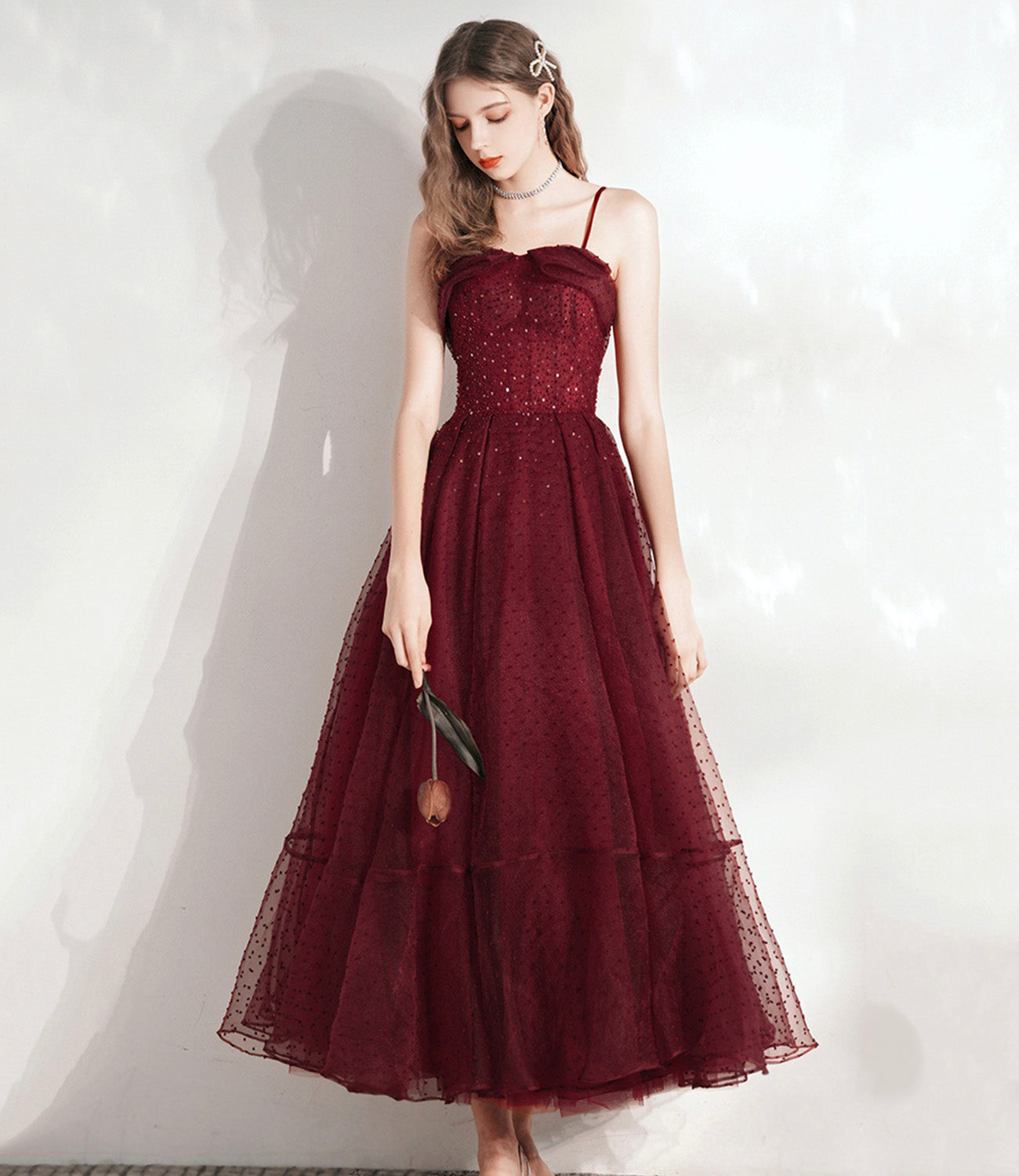 Burgundy tulle beads short prom dress homecoming dress  8793