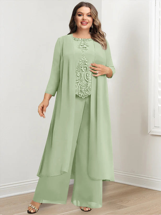 Chiffon Round Neck Floor-Length Plus Size Mother Of The Bride Pantsuits With Jacket & Applique