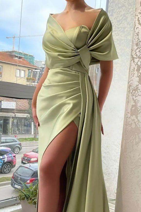 edgynewlook Charming Satin Mint Strapless Off the Shoulder Long Pleated Prom Dress with High Split