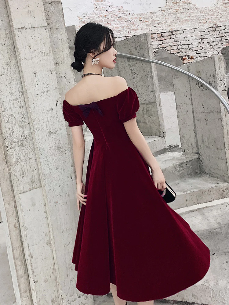 Wine Red Short Velvet Evening Dresses, Off Shoulder Prom Dresses Bridesmaid Dress  gh233