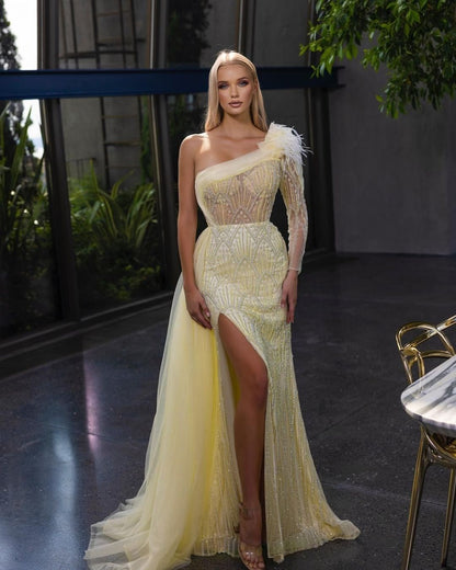 Yellow One Shoulder Prom Dress Long Sleeveless Beads High Slit YH0007