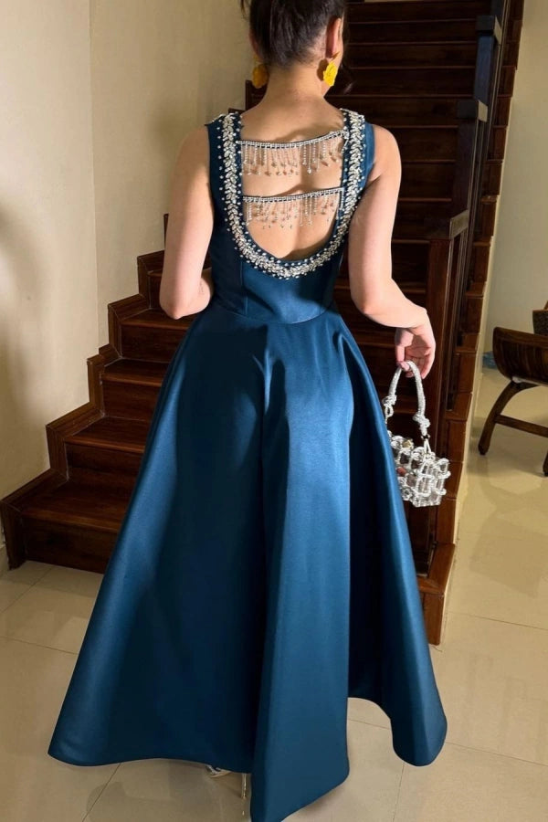 Ink Blue Beaded Square-Neck Split Prom Dress ZT0314