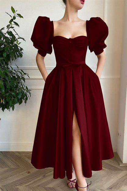 Online Wine Red Front Split Short Prom Dress Square With Short Sleeves ED0325