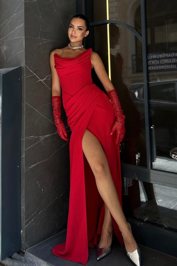 Charming Red Strapless Split Elegant Prom Dress With Gloves ZT0299