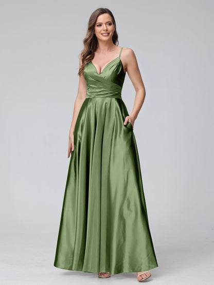 A-Line/Princess V-Neck Sleeveless Ankle-Length Silk Satin Bridemaid Dresses with Pockets & Split Side