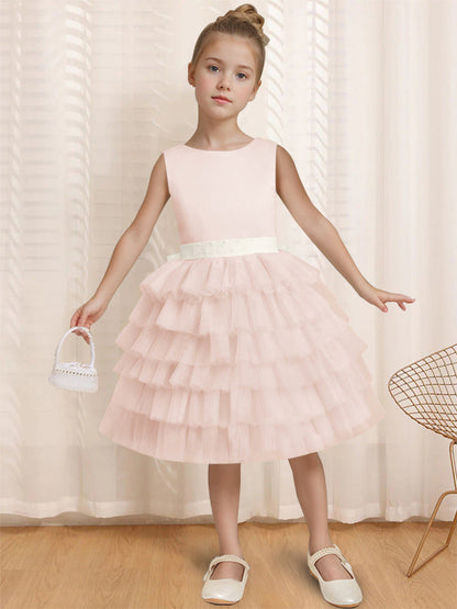 Ball-Gown Round Neck Sleeveless Knee-Length Flower Girl Dress with Ruffles & Bowknot