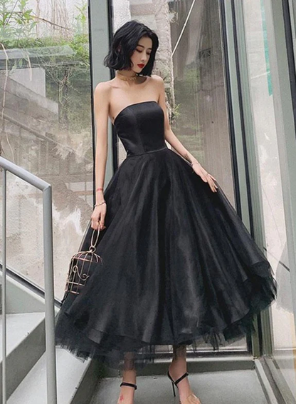 Black Tea Length Scoop Simple Tulle Homecoming Dress, Black Party Dresses Prom Dress gh73