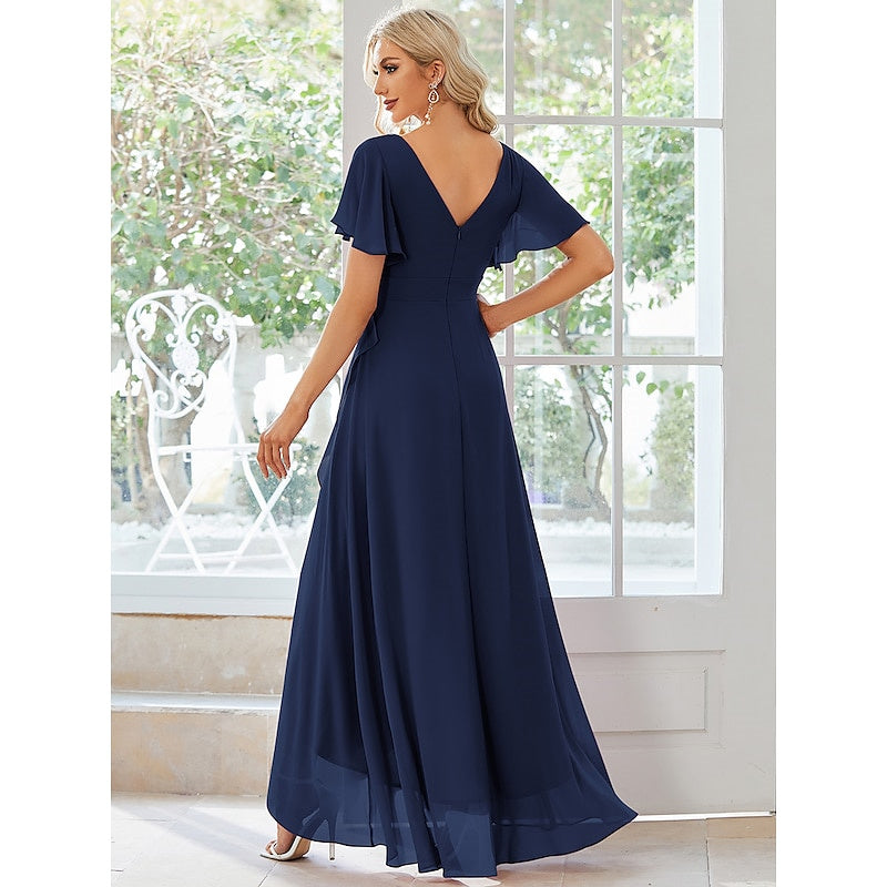 A Line/Princess V Neck Short Sleeves Asymmetrical Wedding Guest Dress