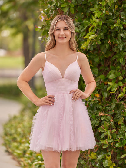 Celeste | A-Line Deep V Neck Ruched Short Homecoming Dress