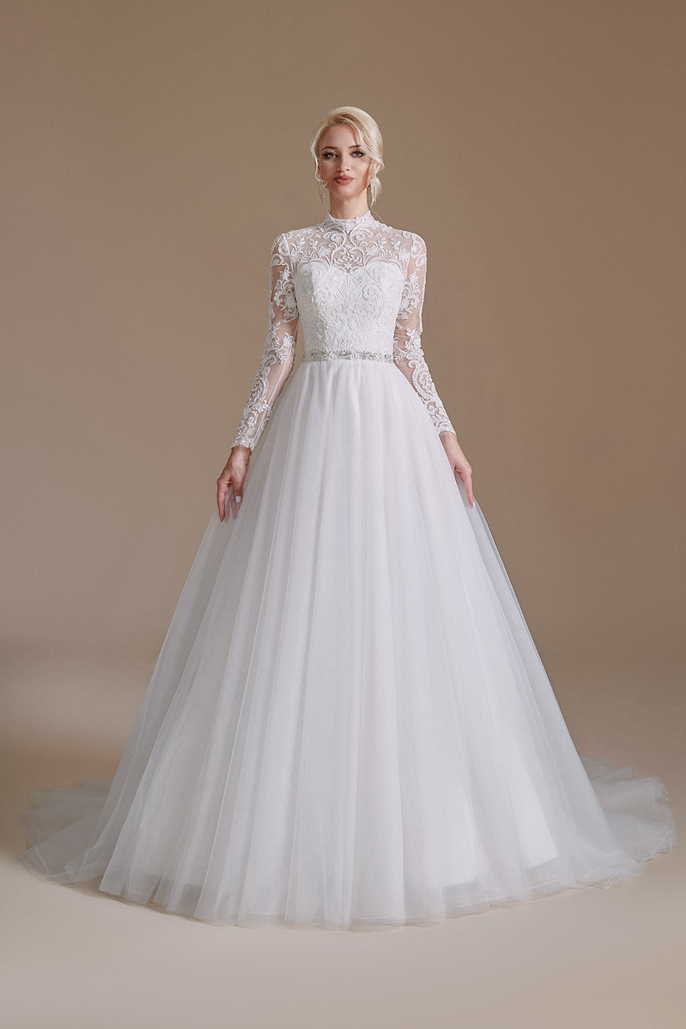 White A-Line High Neck Long Sleeves Wedding Dress with Lace