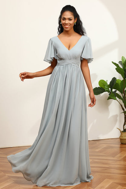 Grey V-Neck Chiffon A-Line Bridesmaid Dress