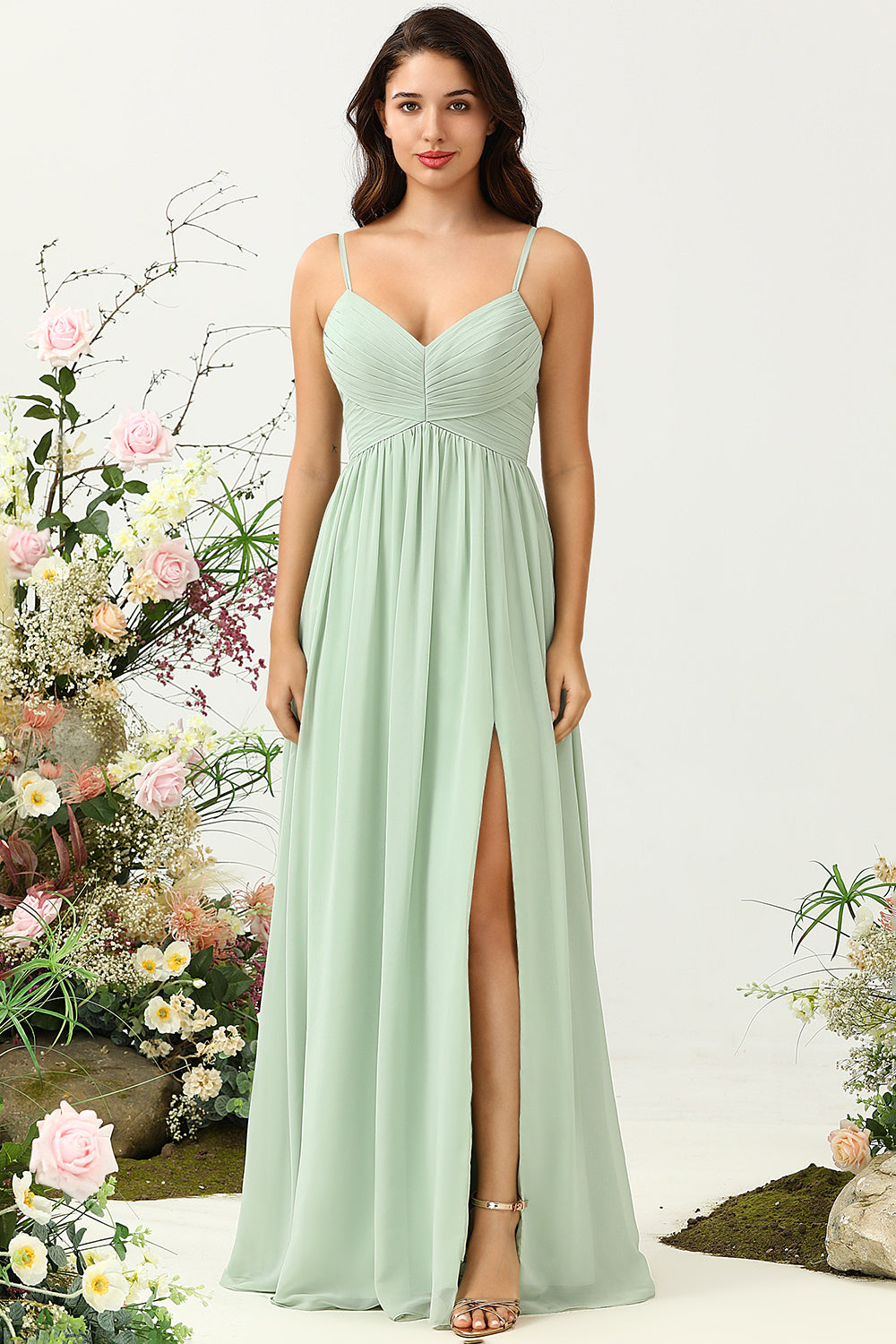 A Line Spaghetti Straps Sage Long Bridesmaid Dress with Split Front