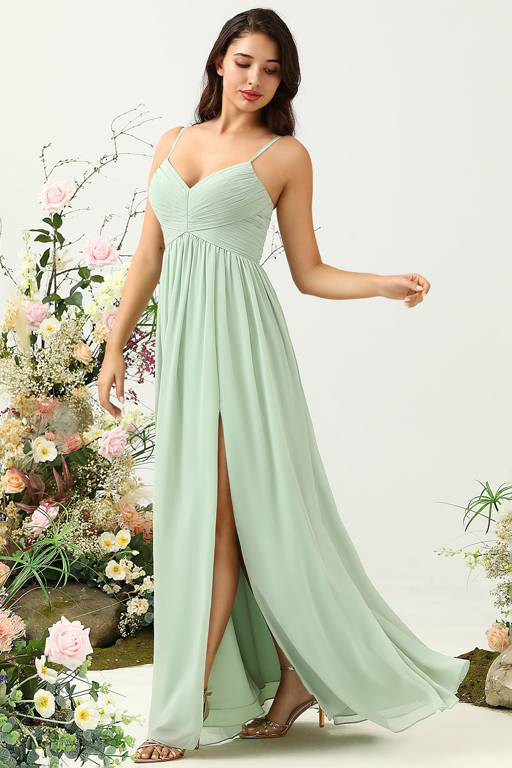 A Line Spaghetti Straps Eucalyptus Long Bridesmaid Dress with Split Front