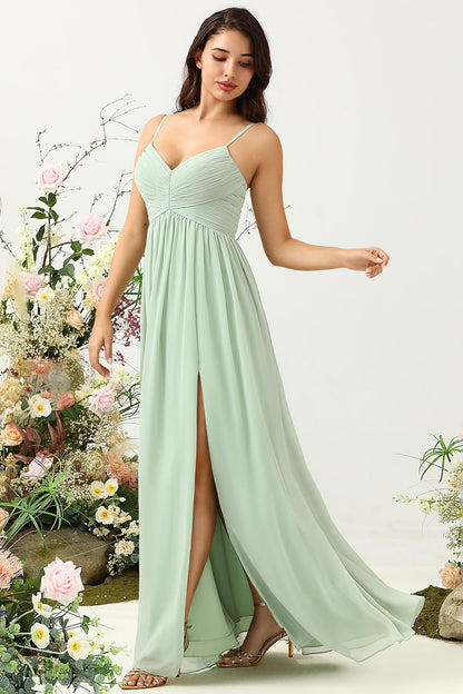 A Line Spaghetti Straps Sage Long Bridesmaid Dress with Split Front