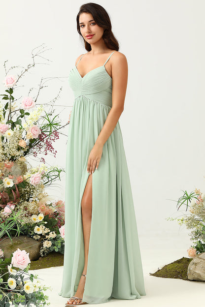 A Line Spaghetti Straps Sage Long Bridesmaid Dress with Split Front