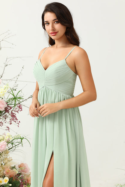 A Line Spaghetti Straps Eucalyptus Long Bridesmaid Dress with Split Front