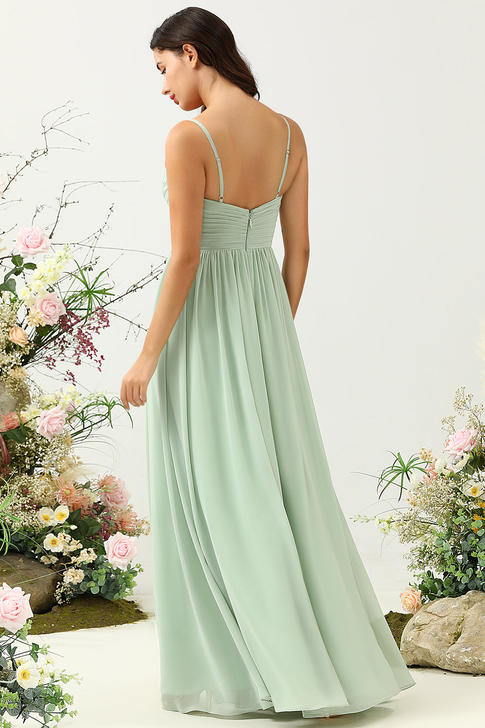 A Line Spaghetti Straps Eucalyptus Long Bridesmaid Dress with Split Front