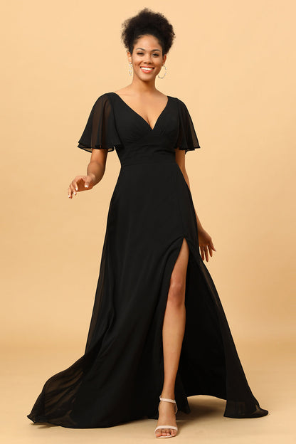 Black Batwing Sleeves Long Chiffon Bridesmaid Dress