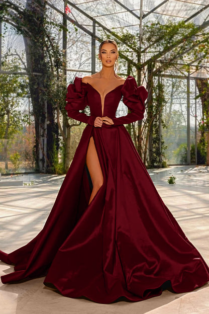 Sexy Prom Dress Red V Neck Bubble Sleeves With Slit YL0181