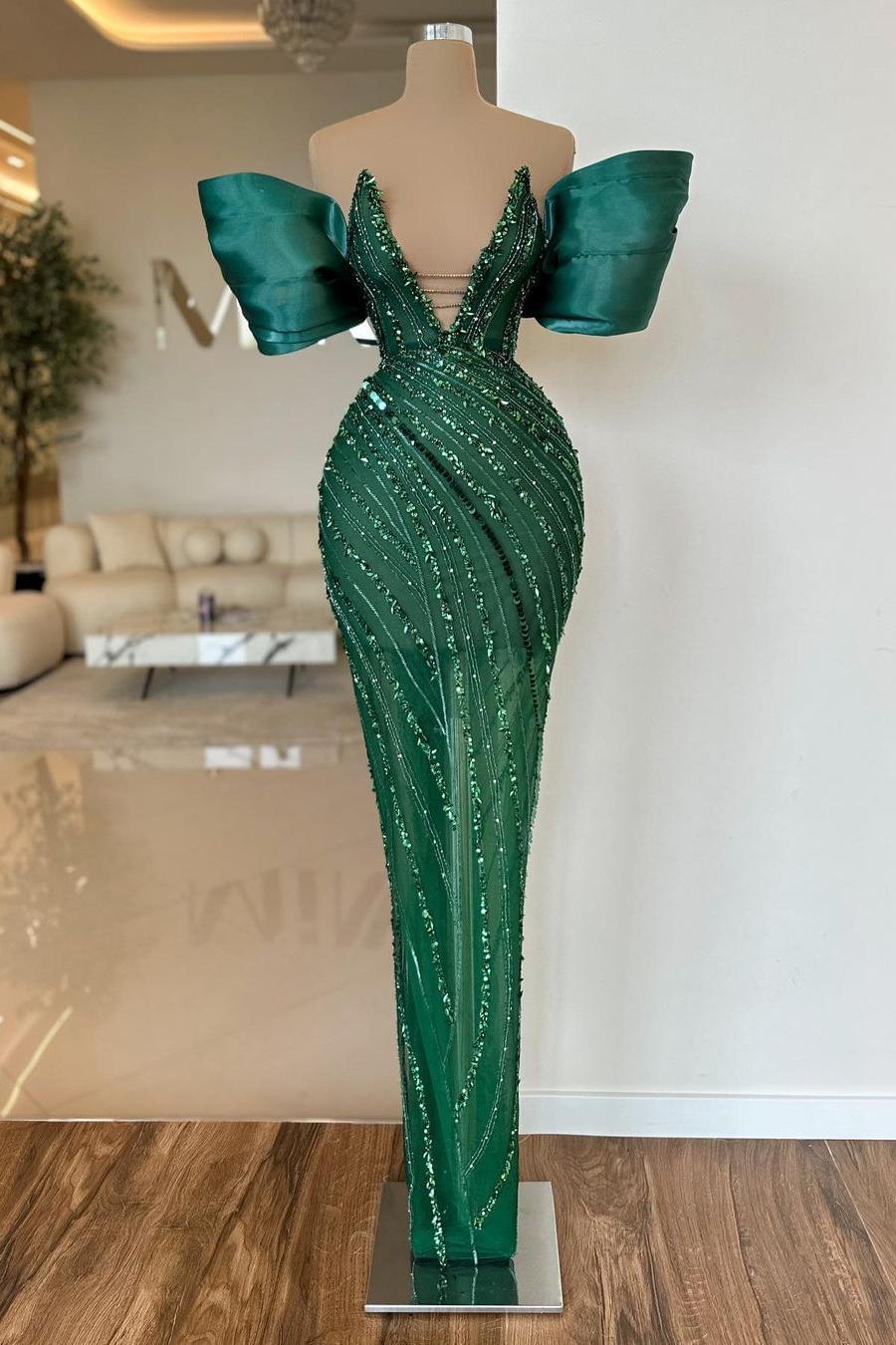 edgynewlook Charming Dark Green Sequins Off the Shoulder Strapless Long Prom Dress with Beadings