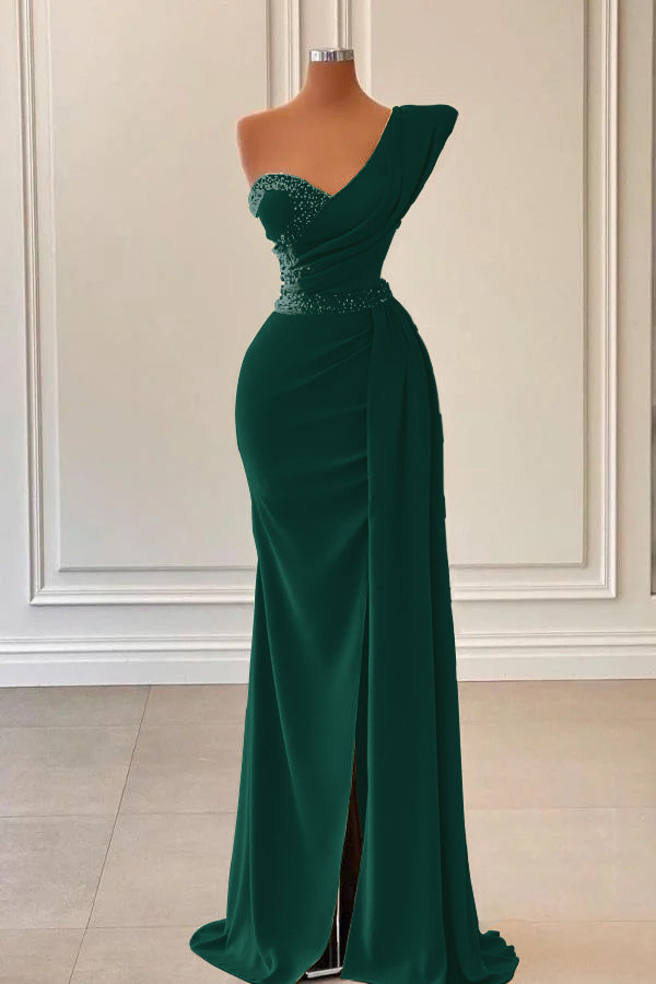 Sage One-Shoulder Split Mermaid Prom Dress With Beadings PD0781